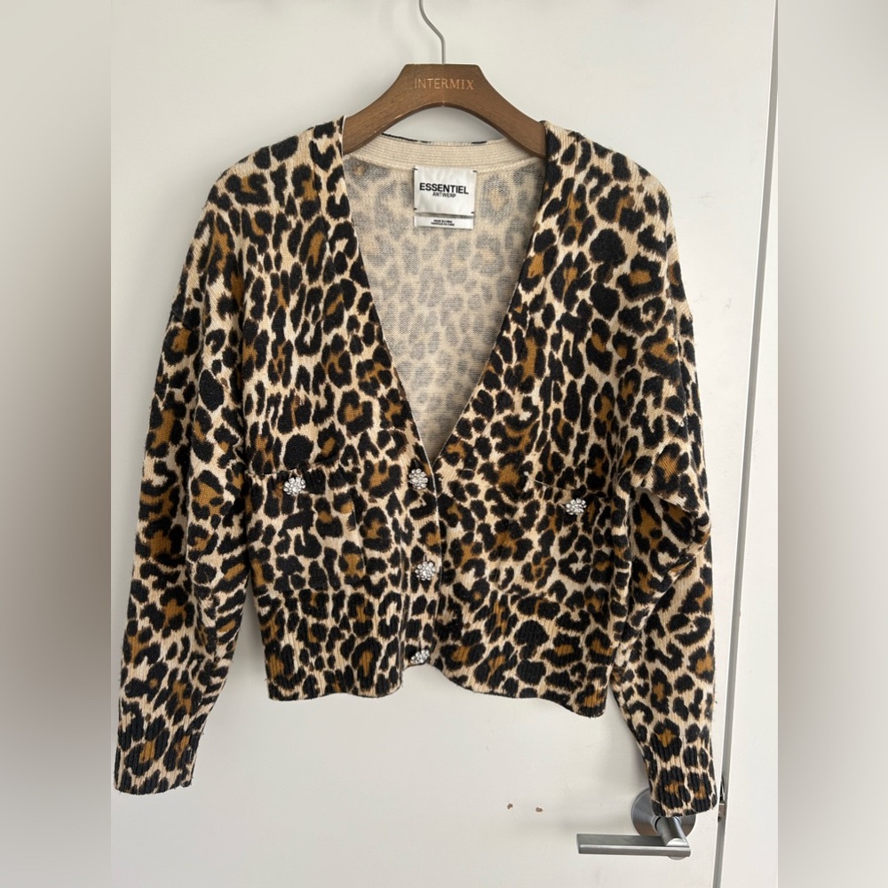 Brown leopard jacquard-knitted V-neck cardigan
